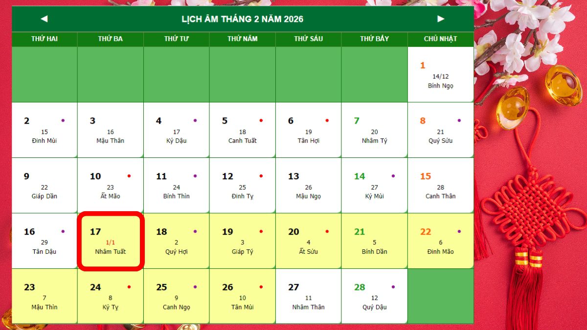 Như đã đề cập, mùng 1 Tết Nguyên Đán 2026 sẽ rơi vào Thứ Ba